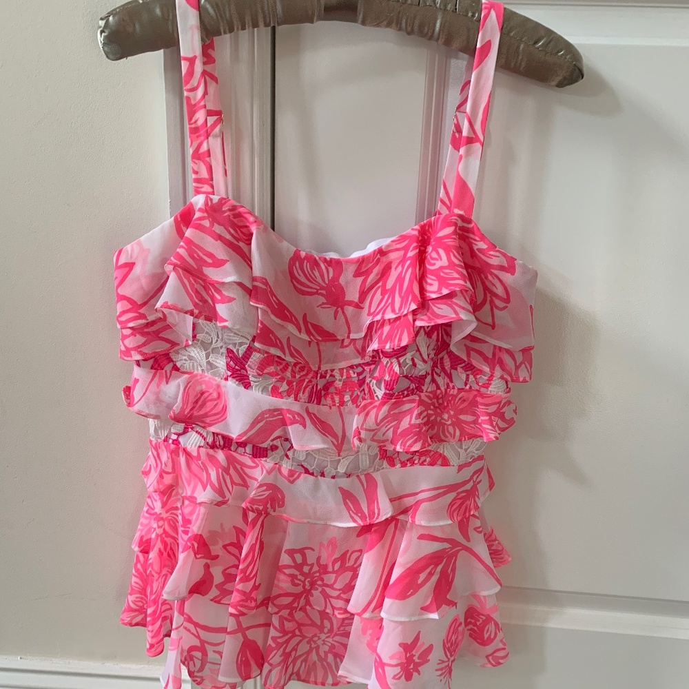 Lilly Pulitzer Top white lace with hot pink and white sheer overlay fabric sz 6